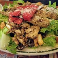 Crispy Chicken Salad · Breaded fried chicken over romaine with tomato, cucumber, red onion, croutons, honey mustard...