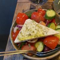Greek Salad · Vegetarian. Plum tomato, Persian cucumber, red onion, olives, mint and double cream feta. Ve...