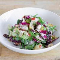 House Salad · Crisp greens, olives, pimento, mozzarella, red onion, artichokes, red wine vinaigrette