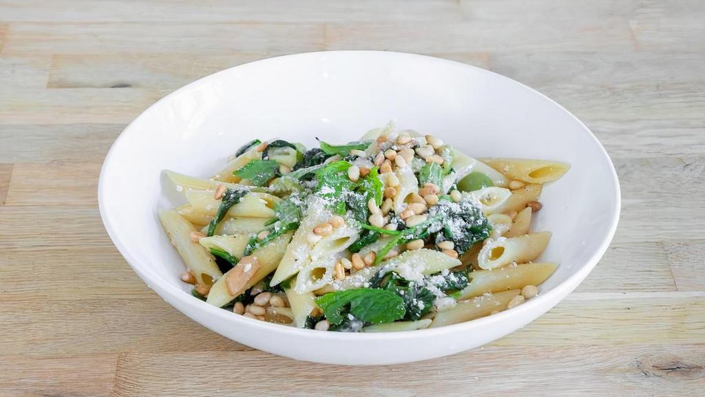 Pasta Verde · Penne Pasta, Baby Spinach, Castelvetrano Olives, Garlic, Herbs, Pine Nuts, Olive Oil & Parmesan.