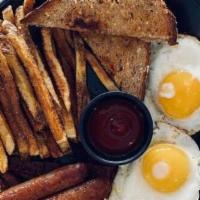 Egg Platter · Egg, sausage, bacon, frites, and toast.