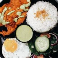 Chicken Plate · Breaded chicken, fried egg, homemade green sauce with white rice and side salad