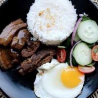 Pork Adobo Plate · Filipino style pool braised in soy sauce, vinegar, bay leaves with fried egg, toasted garlic...