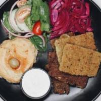 Falafel Plate · fried homemade falafel, pickled purple cabbage, hummus, tzatziki sauce with white rice and s...