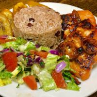 Salmon Platter · Served with rice and salad. Choice of jerk seasoning or sweet chili glaze. Served with festi...