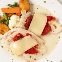 Pollo San Remo · Breast of chicken topped with roasted peppers and mozzarella, sauteéd with wine and basil.