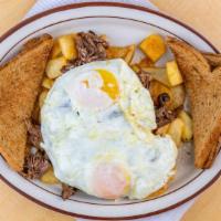 Pot Roast Breakfast Plate · Slow roasted pot roast, home fries and cheddar cheese topped with two eggs your way. Served ...