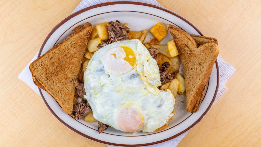 Pot Roast Breakfast Plate · Slow roasted pot roast, home fries and cheddar cheese topped with two eggs your way. Served with white or wheat toast.