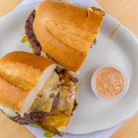 The Fuggedaboutit Burger · Three 1/3 lb. fresh ground sirloin patties grilled to your liking. Topped with choice of 3 m...