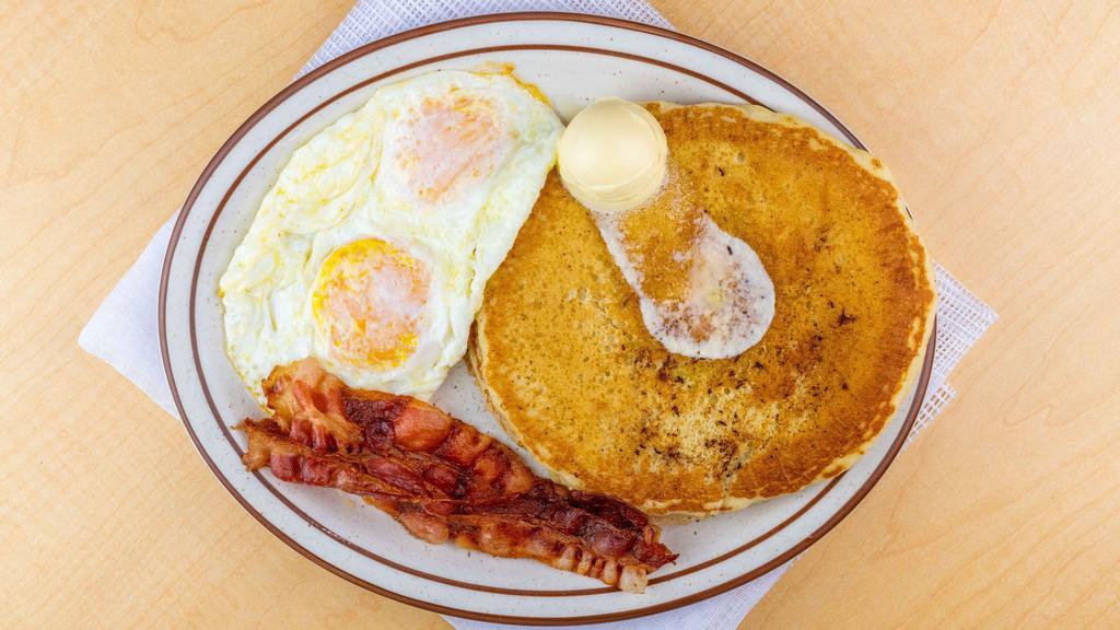 Dueces · Two eggs cooked to order with choice of two bacon or two sausage links and choice of two pancakes or two French toast.