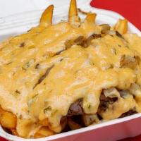 Chopped Beef Fries · 100% all beef burger chopped up with American cheese, grilled onions and house sauce served ...