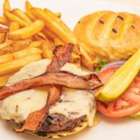 Finns Cheeseburger · Aged White Cheddar, Bacon, L.T.O.P. Seedless Potato Bun & French Fries.