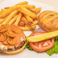 Firecracker Jalapeño Burger · Mozzarella, Pickled Buffalo Jalapeño, Seedless Potato Bun & French Fries.