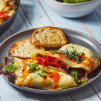 Farmer’S Brekkie Omelette · Four fluffy eggs, mushroom, onions, peppers, shredded cheddar cheese.