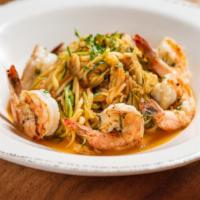 Zoodles Alla Vodka · Grilled shrimp and ribboned zucchini 