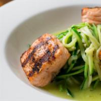 Zoodles With Salmon · Pan seared salmon, ribboned zucchini, 