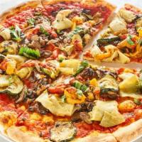 Vegan Veggie Pizza · Locally farmed vegetables, artichoke hearts, and tomato sauce.