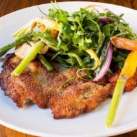 Parmesan Crusted Veal Milanese · Panko crusted veal cutlet, potatoes, haricot vert, carrots, and mustard dressing.