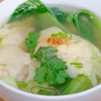 Wonton Soup · Pork and shrimp wonton, bok choy, served with clear broth soup.