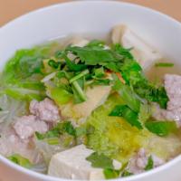 House Soup · Clear soup with glass noodles, tofu, napa and ground pork.