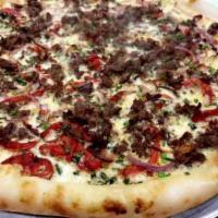 Three Brothers Special Pizza · Pepperoni, sausage, mushrooms, onions, peppers, anchovies.