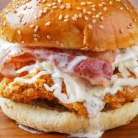 Bacon Ranch B*T*H · Our signature fried chicken served on a toasted bun and topped with crispy bacon, shredded c...