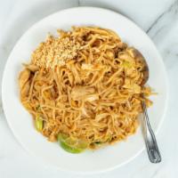 Pad Thai · Popular. Spicy. Stir fried Thai noodles with chicken or shrimp, egg, bean sprouts, dry tofu,...