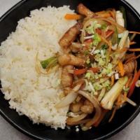 Ganjang Samgyup Sal Over Rice · Pork Belly Marinated in Soy Sauce