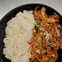Jeyook Bulgogi Over Rice · Spicy Stir Fried Pork
