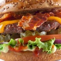 Americana Burger · Beef patty, smoked bacon, American cheese, BBQ sauce, lettuces, tomato, onions, brioche bun.