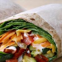 Veggie Wrap · Roasted eggplant, caramelized onions, red peppers, mushrooms, romaine lettuces, feta cheese,...