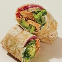 Crunchy Chipotle Chicken & Avo Wrap · Grilled chicken (ABF), red peppers, pickled red onions and avocado nestled in a bed of romai...