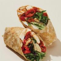 Mozzarella & Red Peppers With Romesco Wrap · Mozzarella, roasted tomatoes, red peppers, sliced almonds, mesclun, and basil with a hearty ...