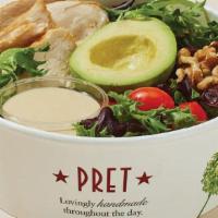 Chicken Avocado Salad With Pret'S Simple Vinaigrette · Grilled chicken (antibiotic-free) nestled in a bed of mesclun with avocado and grape tomatoe...