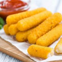 Mozzarella Sticks · Six pieces of fresh cheese sticks stuffed with mozzarella cheese.