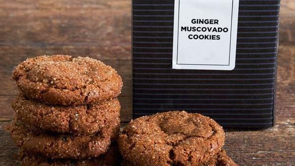 Ginger Muscovado Cookie · Candied ginger, flour, and dark brown sugar.
