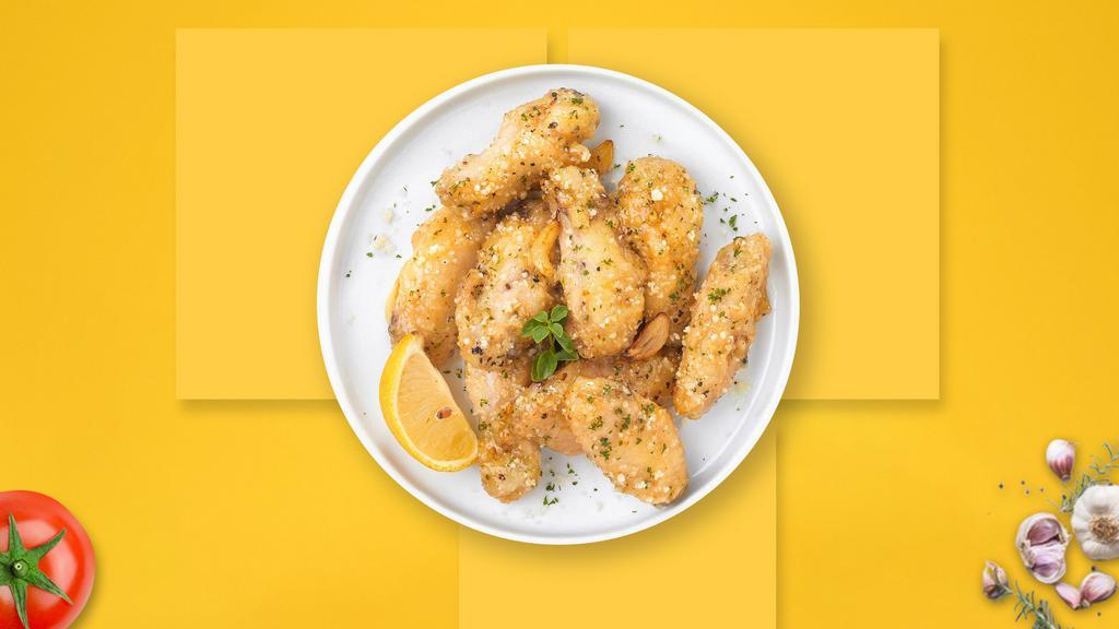 Parmesan Party Wings · Fresh chicken wings breaded, fried until golden brown, and tossed in garlic and parmesan. Served with a side of ranch or bleu cheese.