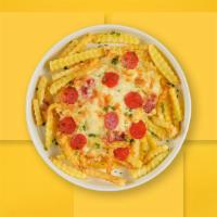 Pizza Fries · Marinara sauce, ground beef, garlic, bell pepper, onion, and mozzarella cheese topped on Ida...