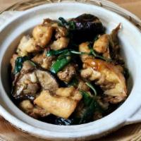 Basil Chicken Mushroom Claypot Stew 香菇滑鸡煲 · Famous slow-braised bone-in chicken in dark soy sauce with basil and mushroom. Served with r...