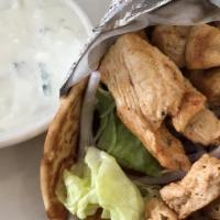  Chicken Souvlaki Sandwich · on grilled pita with lettuce, diced tomato, red onion and tzatziki sauce.