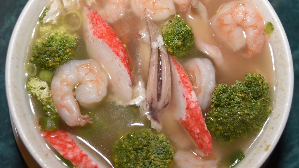 Seafood Soup  Sm · Calamari, shrimp, crab meat and fish.