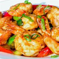 Shrimp With Mixed Vegetables · Served with white rice.