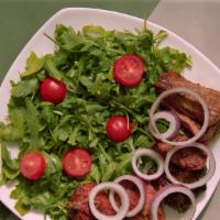 Pork Skewers · MARINATED IN WHITE WINE, SERVED WITH ARUGULA AND
CHERRY TOMATO SALAD. GEORGIAN SAUCE ON THE ...