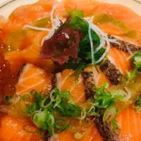 Salmon Ikura Don · Mix of different salmon include king   salmon. yaki salmon and salmon ror& Side house soup