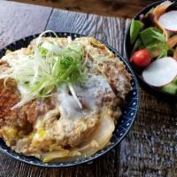 Katsu Don · Fried panko breaded pork chop, onion, scrambled egg tsuyu sauce over steamed rice. Comes wit...
