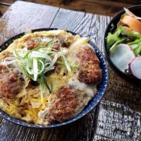 Kaki Fry Don · Fried panko-breaded oysters, onion, scrambled egg tsuyu sauce over steamed rice. Comes with ...