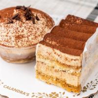 Tiramisu · Sponge cake soaked in coffee and liquor with powdered chocolate and mascarpone cheese, compl...