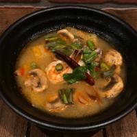 Tom Yum Soup · Gluten-free. Choice of protein. Featuring a spicy, tart, lightly aromatic broth. The broth i...