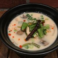 Tom Kha Soup · Gluten-free. Choice of chicken or vegetables. Aromatic & mildly spiced with mushroom, dry ch...