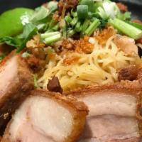 Ba Mee Moo Moo Daeng & Moo Krob · Boiled egg noodle topped with roasted pork, crispy pork belly, peanut, lime, preserved cabba...